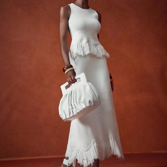 White Elegant Women's knit top and skirt with fringe Two Pieces Set